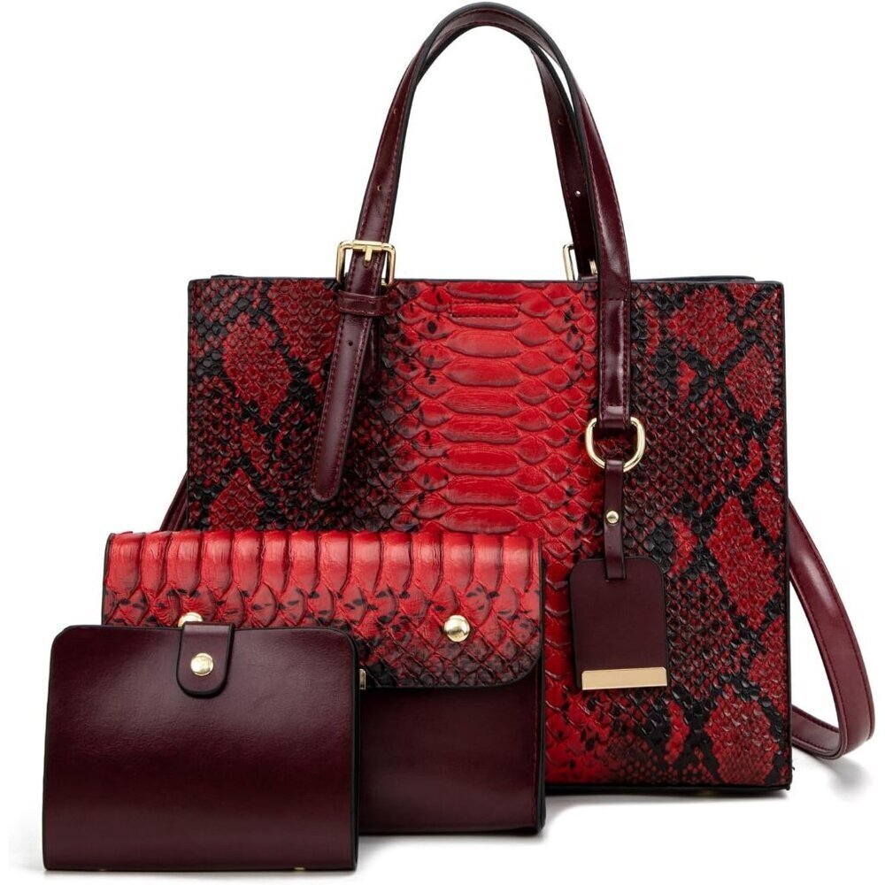 Women’s Red 3 Pcs Crocodile Pattern Satchel Set | Stylish Tote & Purse Bags